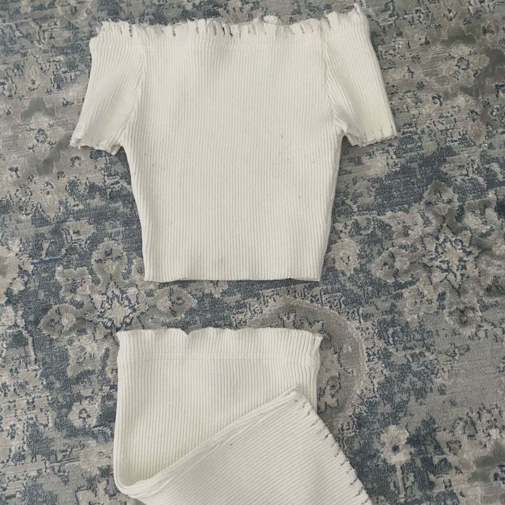 White outfit set mini skirt + off the shoulder